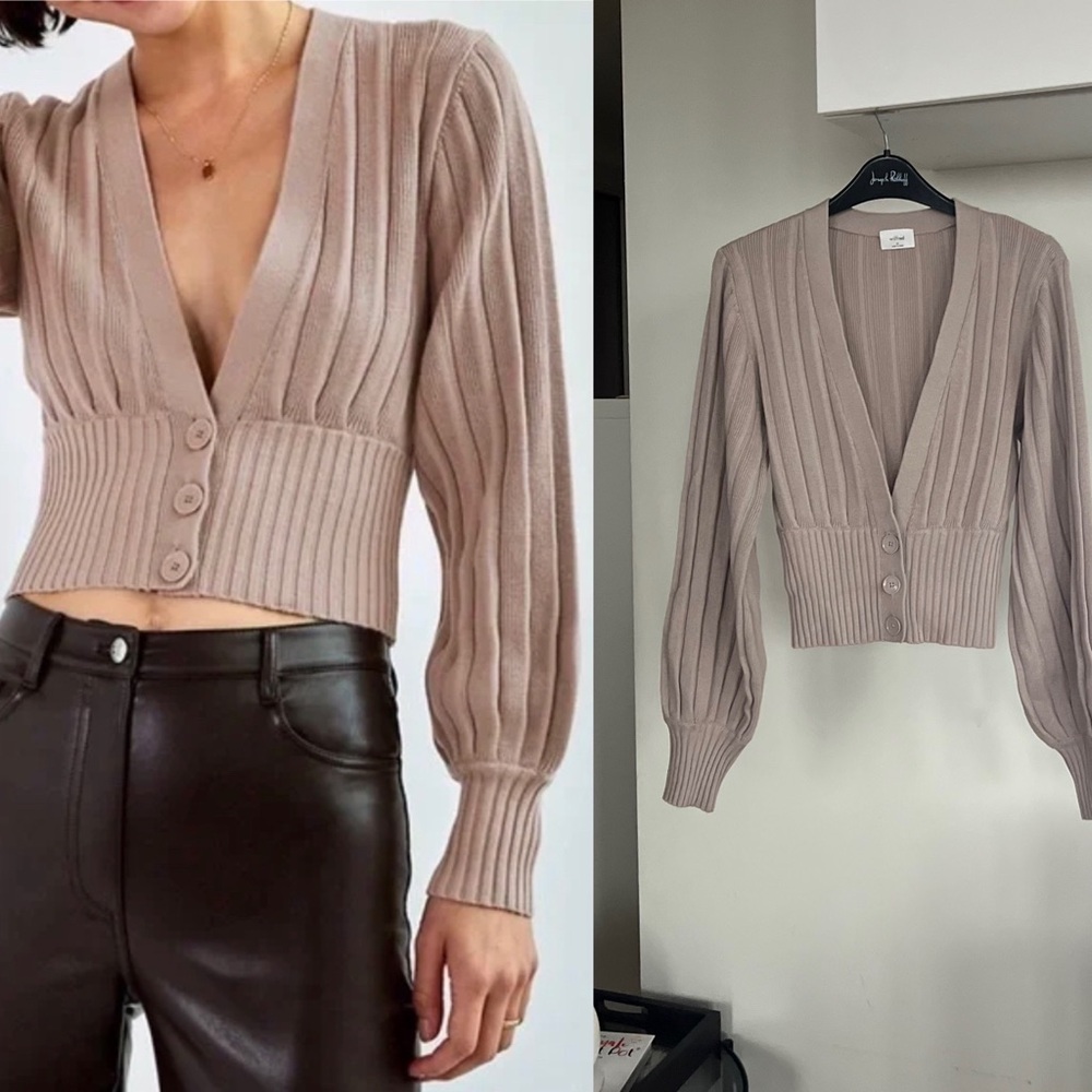Aritzia Wilfred Plunge-Front Taupe Neutral Ribbed Cropped Cardigan/Sweater Sz M - Picture 6 of 14